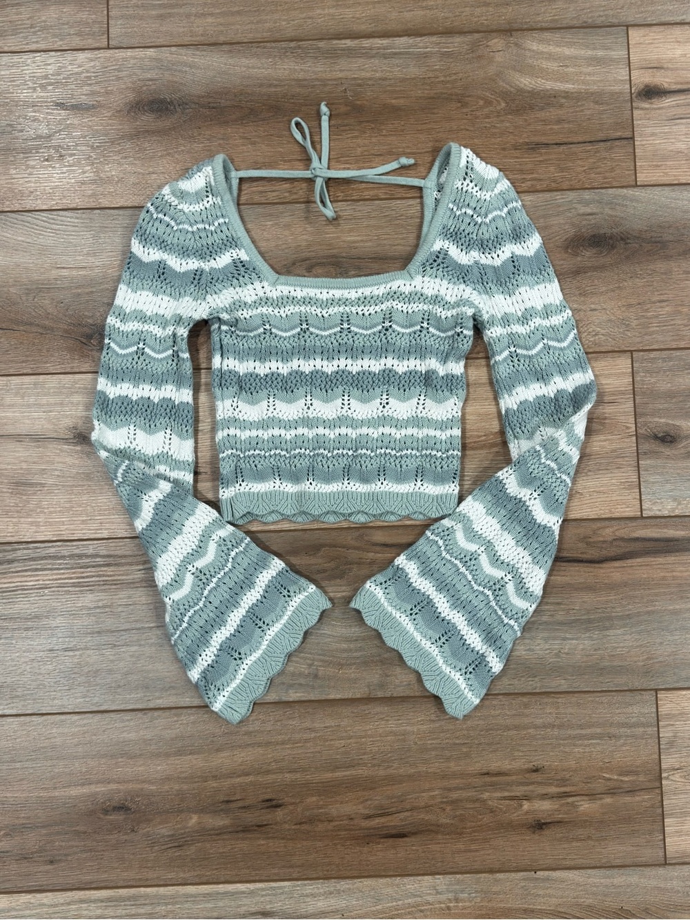 HOLLISTER Fairycore Green Striped Boho Bell Sleeve Cotton Knit Sweater | Small